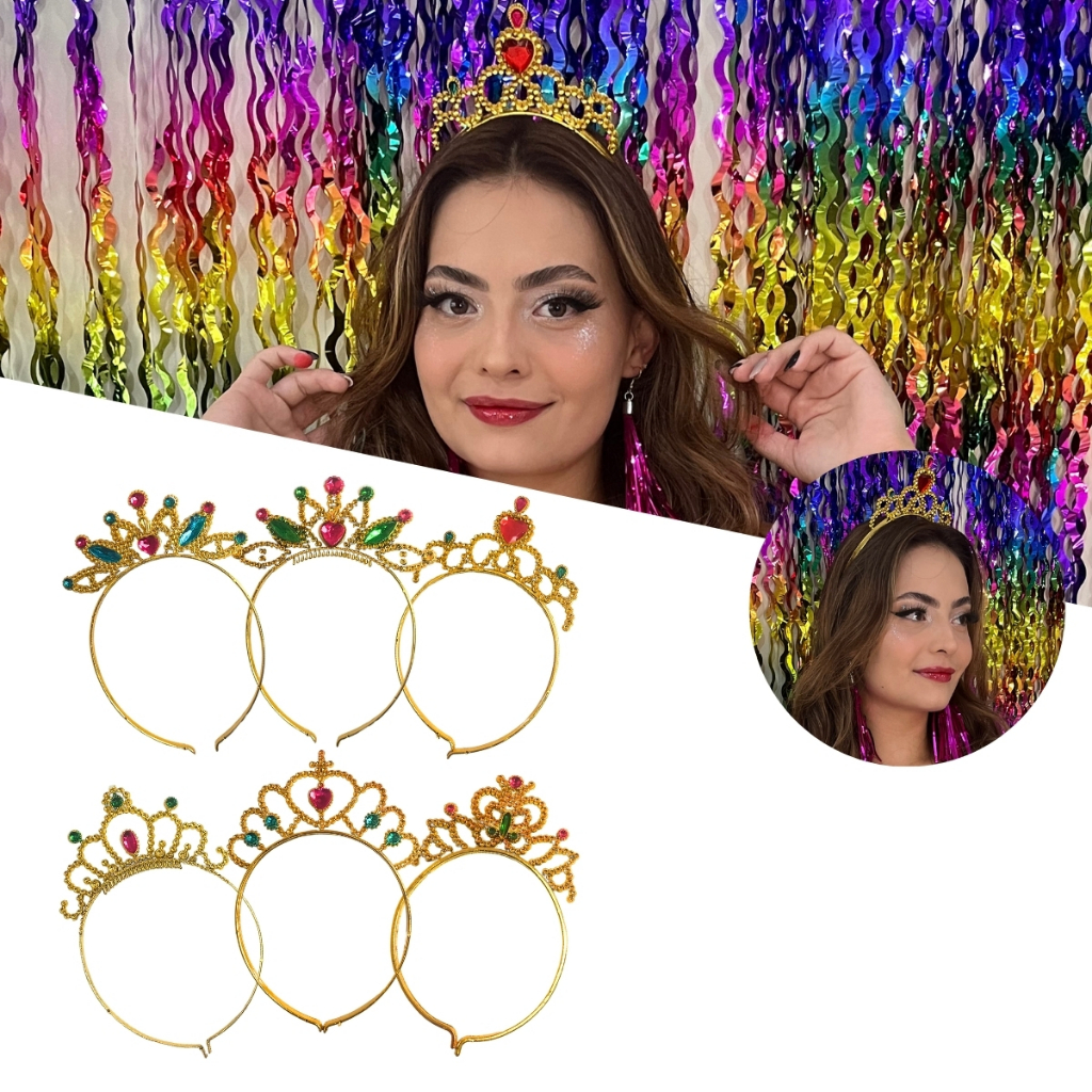 Tiara Dourada Fantasia Princesa Carnaval Festa Adulto Infantil Kit 2-4 Tiaras Encanto Glamour Luxo