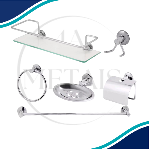 kit acessorios para banheiro 5 peças + porta shampoo prateleira de vidro reto incolor