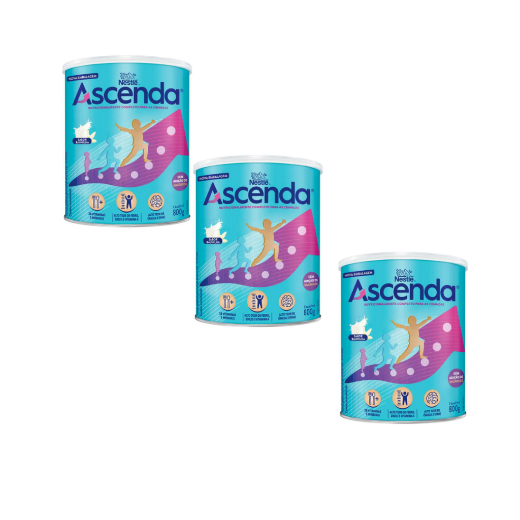 Kit c/ 3 un Fórmula Infantil Ascenda Nestlé Baunilha 3 a 10 anos 800g
