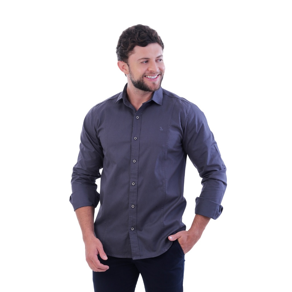 Camisa Estilo Militar Sem bolso  Masculina Manga Longa Comfort 100% Algodão