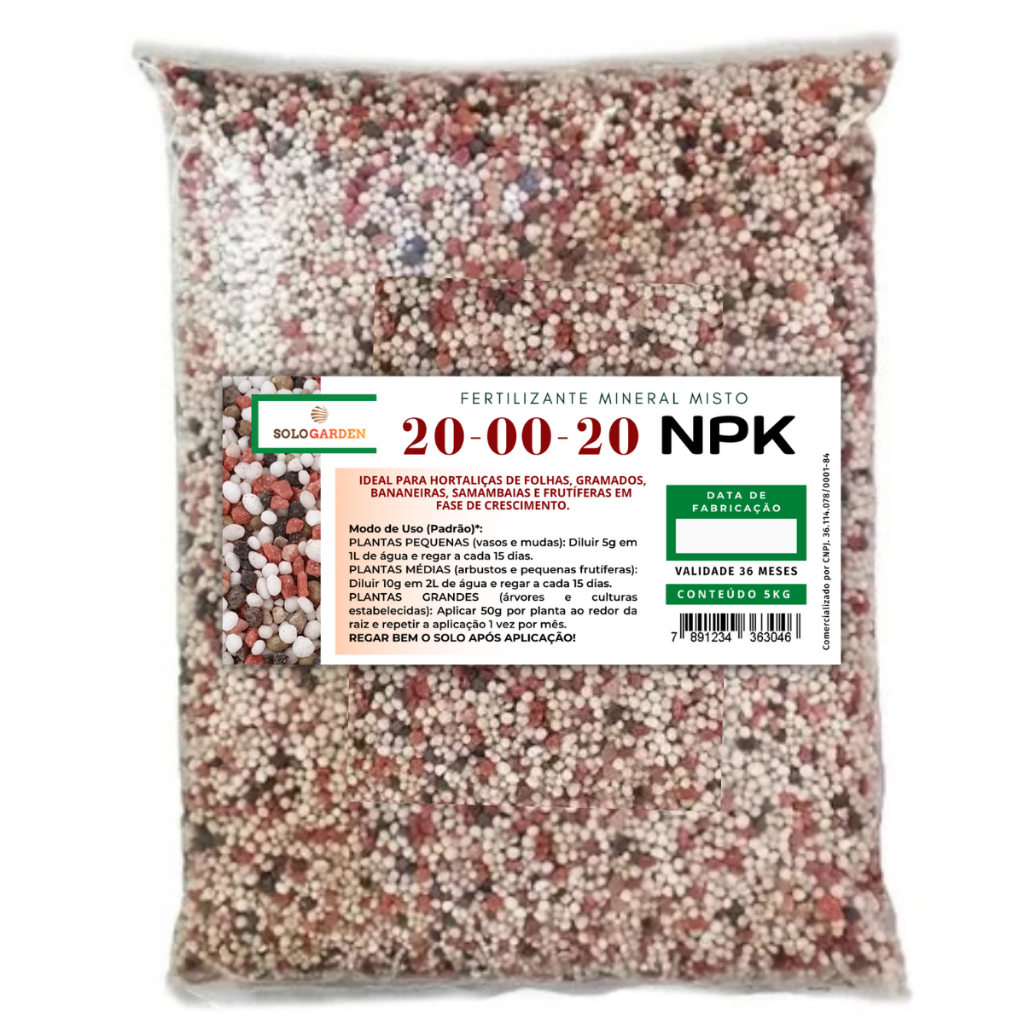 Adubo Fertilizante NPK 20-00-20 Plantas Flores Frutas Horta Gramados 5Kg