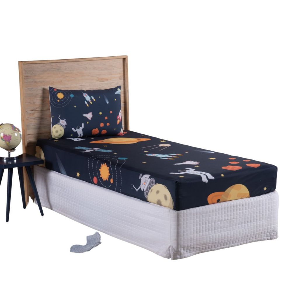 Jogo Lençol Roupa Cama Solteiro Elastico 2 Pçs Fronha Quarto Menino Infantil Criança Astronauta Azul
