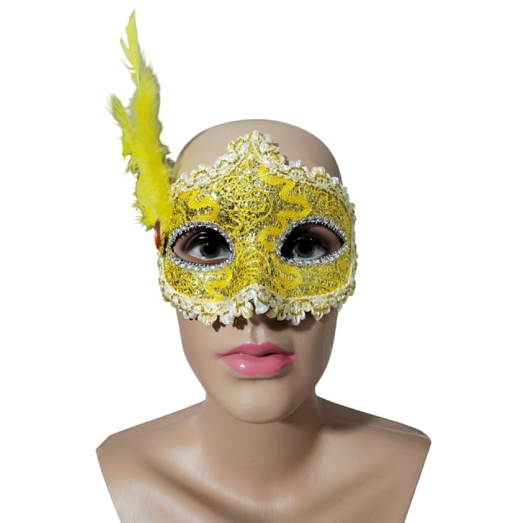 Máscara Veneziana Amarela com Pena Lateral para Fantasia de Carnaval Festa e Baile de Gala Swing