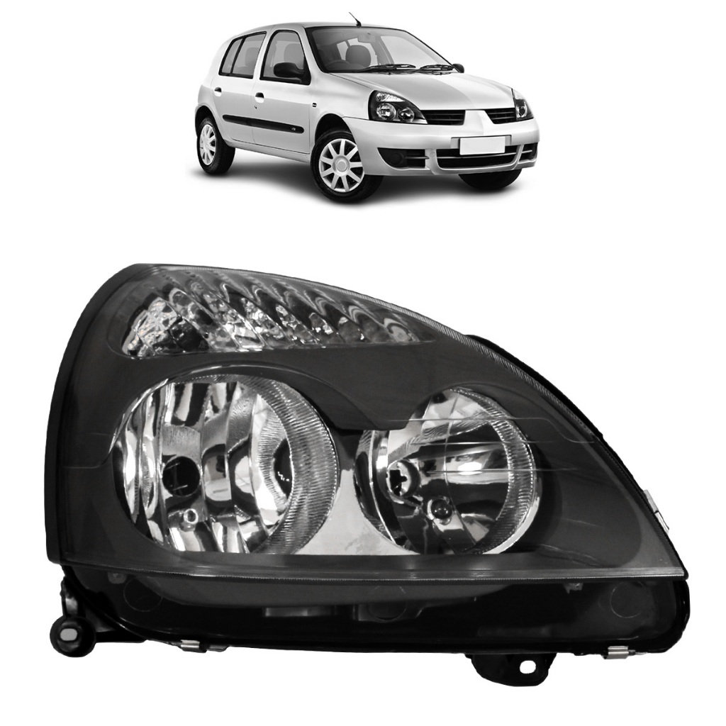 Farol Dianteiro Clio 2003 2004 2005 2006 2007 2008 2009 2010 2011 2012 Máscara Negra Lente Lisa Acrilico