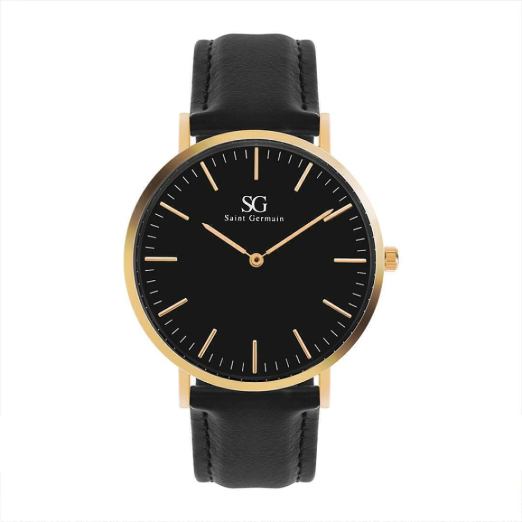 Relógio Masculino Murray Black Gold Pulseira de Couro Preta Caixa Dourada Fundo Preto