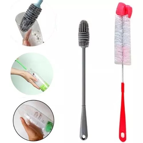 Kit 2 Escovas P/ Lavar Louça Garrafa Copo Mamadeira Silicone e Nylon