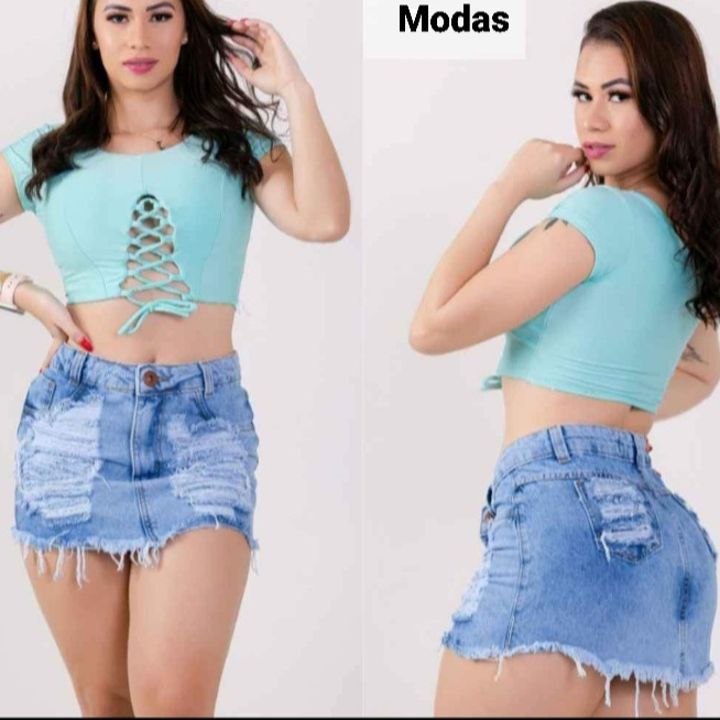 Saia Jeans Feminina Forro Cós Alto Destroyed Desfiado na Perna Moda Blogueira Ultima Moda Super