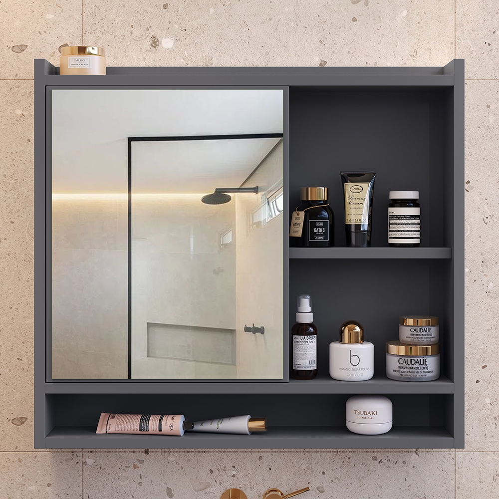 Espelheira Suspensa Para Banheiro Closet Porta e Armário Cor Cinza armarinho aqua com nicho