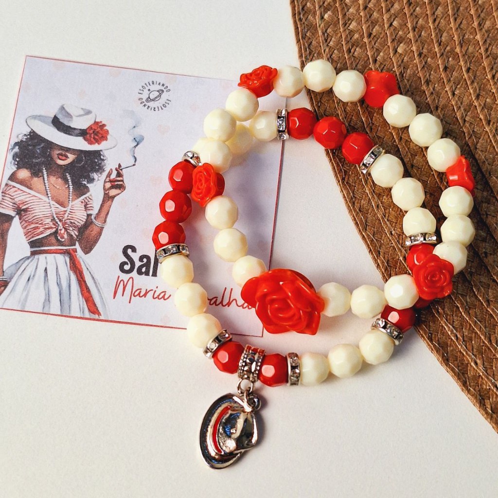 Conjunto com 2 pulseira Maria Navalha com rosas e chapéu de Maria Navalha, , pulseira guias de umbanda