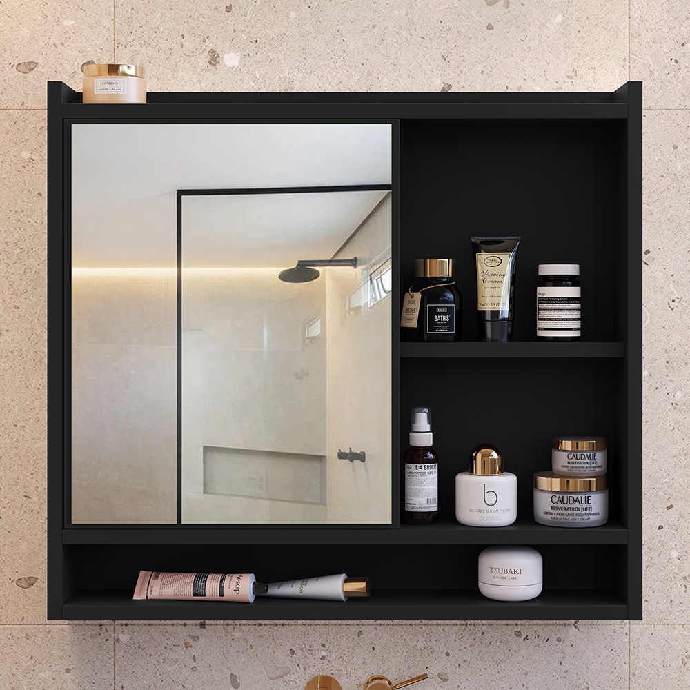 Espelheira Suspensa Para Banheiro Closet Porta e Armário Cor Preto armarinho aqua com nicho armario