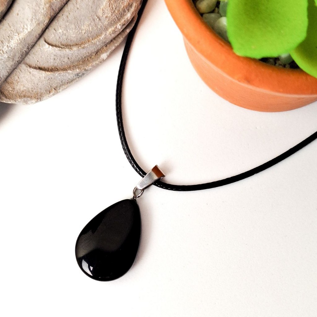 Colar PU pingente gota de pedra Obsidiana preta 2cm, pedra Obsidiana, Pingente de Gota, Colar de couro sintético amuleto