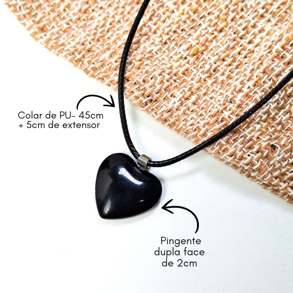 Colar PU pingente Coração Obsidiana Preta - Colar de couro sintético 45cm - Pedra Obsidiana proteção forte