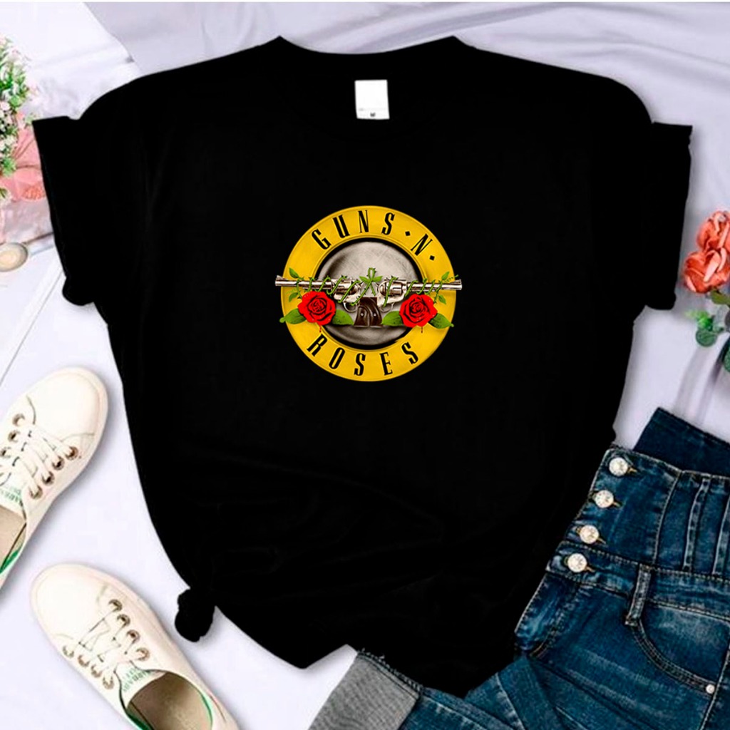 Camiseta Feminina T Shirt Algodão Guns N Roses Banda Rock Musica Armas E Rosas em Oferta na Shopee