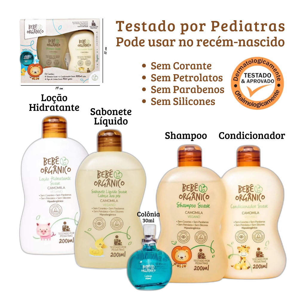Kit Shampoo Condicionador Colônia Sem Álcool + Sabonete Líquido + Loção Hidratante Bebê Orgânico