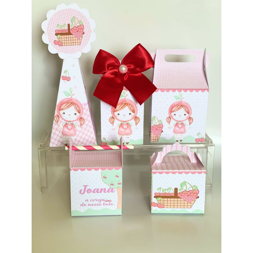 KIT FESTA  Personalizado  CEREJINHA pegue e Monte Lembrancinhas - Aniversário - Caixinha Personalizadas - Papelaria p