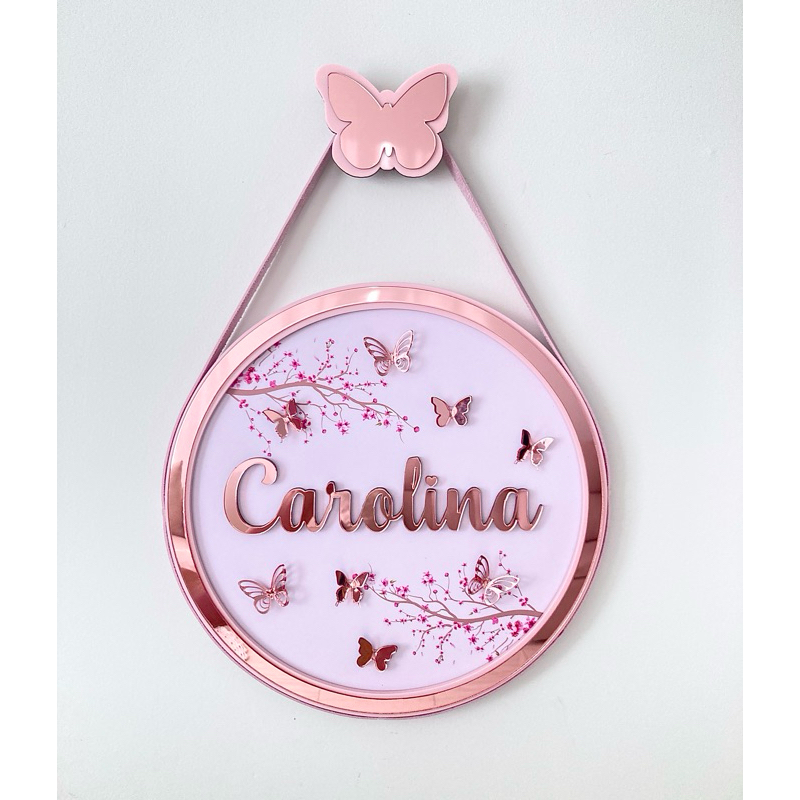 Enfeite moldura redonda porta maternidade nome menina bebê acrílico espelhado luxo em Oferta na Shopee
