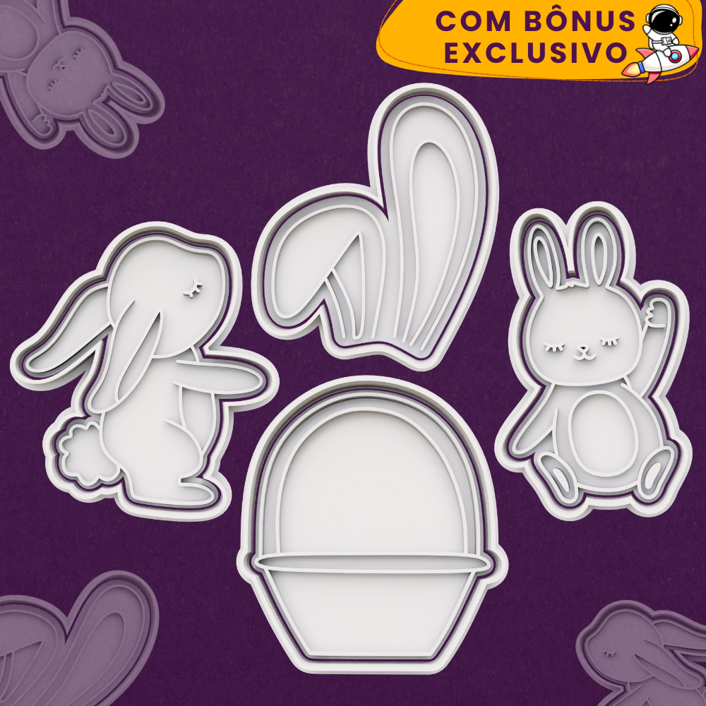 Kit 4 Cortador Marcador Cookie Páscoa Coelho Cesta Orelha Biscoito Festa Confeitaria