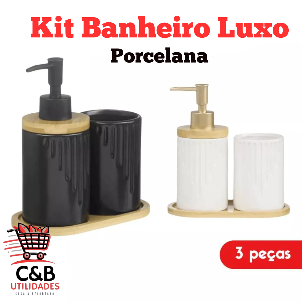 Kit Jogo de Banheiro Lavabo Porcelana 3 Peças Com Dispenser Sabonete Líquido e Porta Escov...