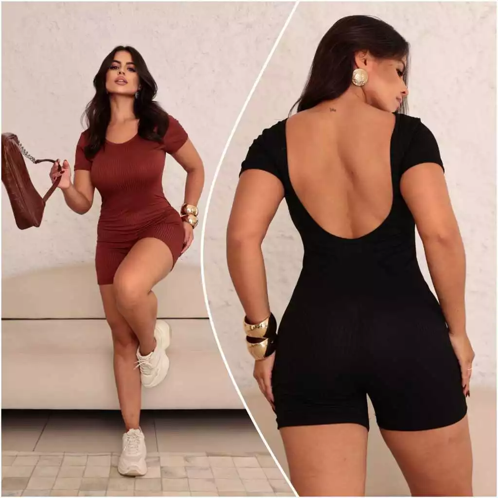 Macaquinho Macacão Canelado Manguinha Costas Abertas Feminino Roupa Casual Academia Fitness Treino — imagem 1