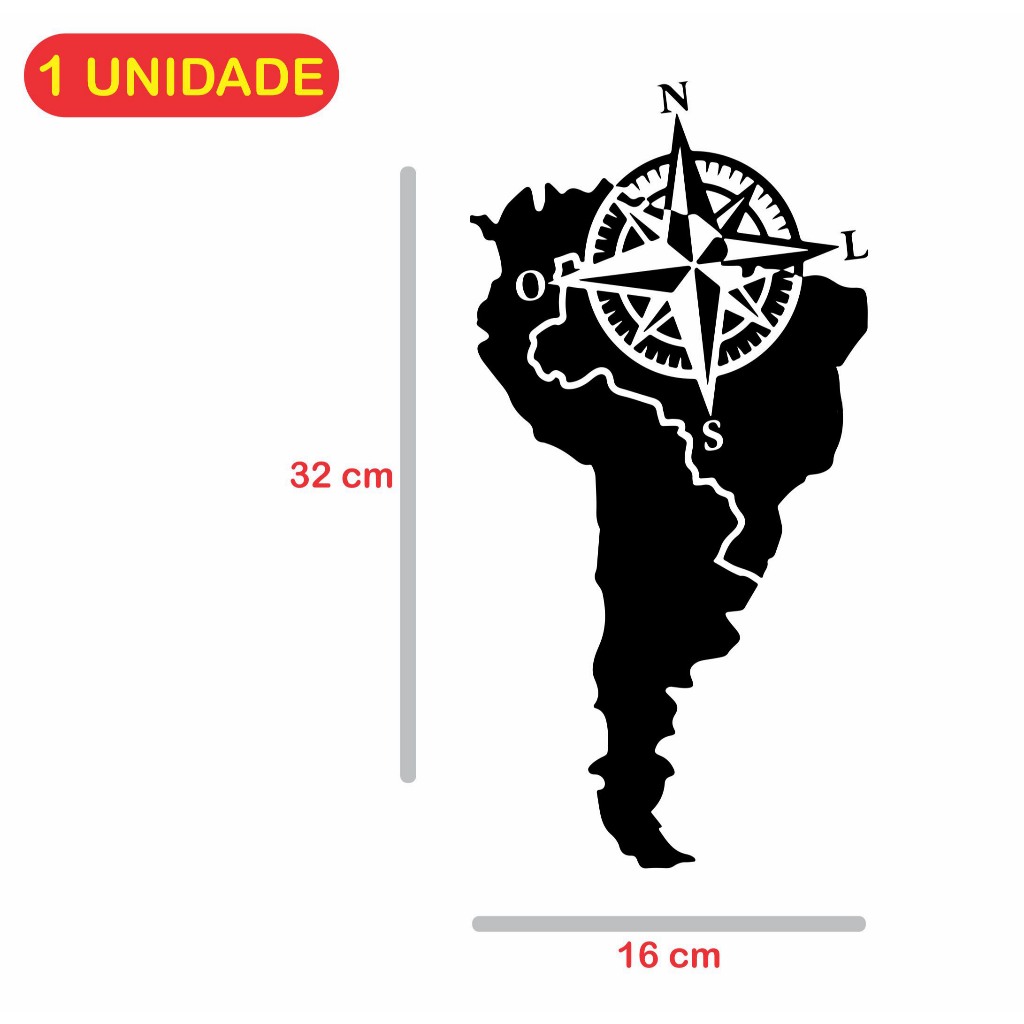 Adesivo Bússola Rosa Dos Ventos Mapa América Do Sul Brasil - unidade