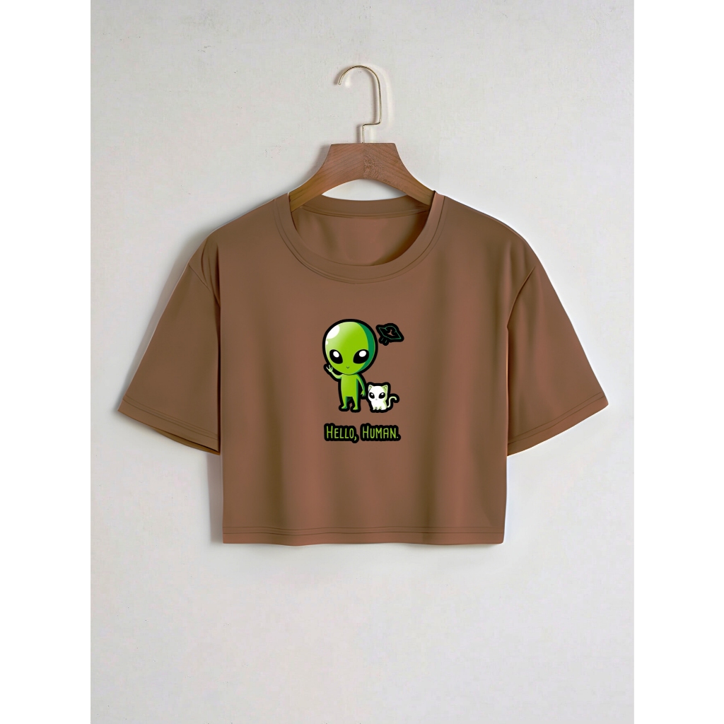 Cropped Camiseta Feminina Algodão Confortavel Alien e Gato/Hello,Human.