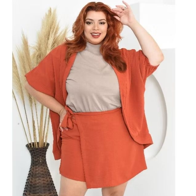 Kimono plussize & Short saia com forro a G1 G2 G3 G4 Plus Size short c/forro conjunto do tecido Duna Premium verão 2025