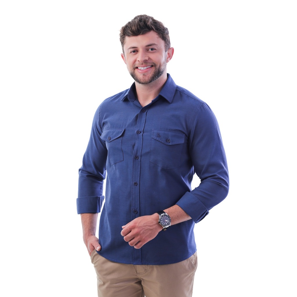 Camisa Masculina Estilo Militar  Comfort Manga Longa Com 2 Bolsos