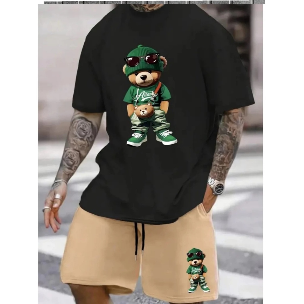 Conjunto Masculino Basico Camiseta + Bermuda Estampa Urso Verde