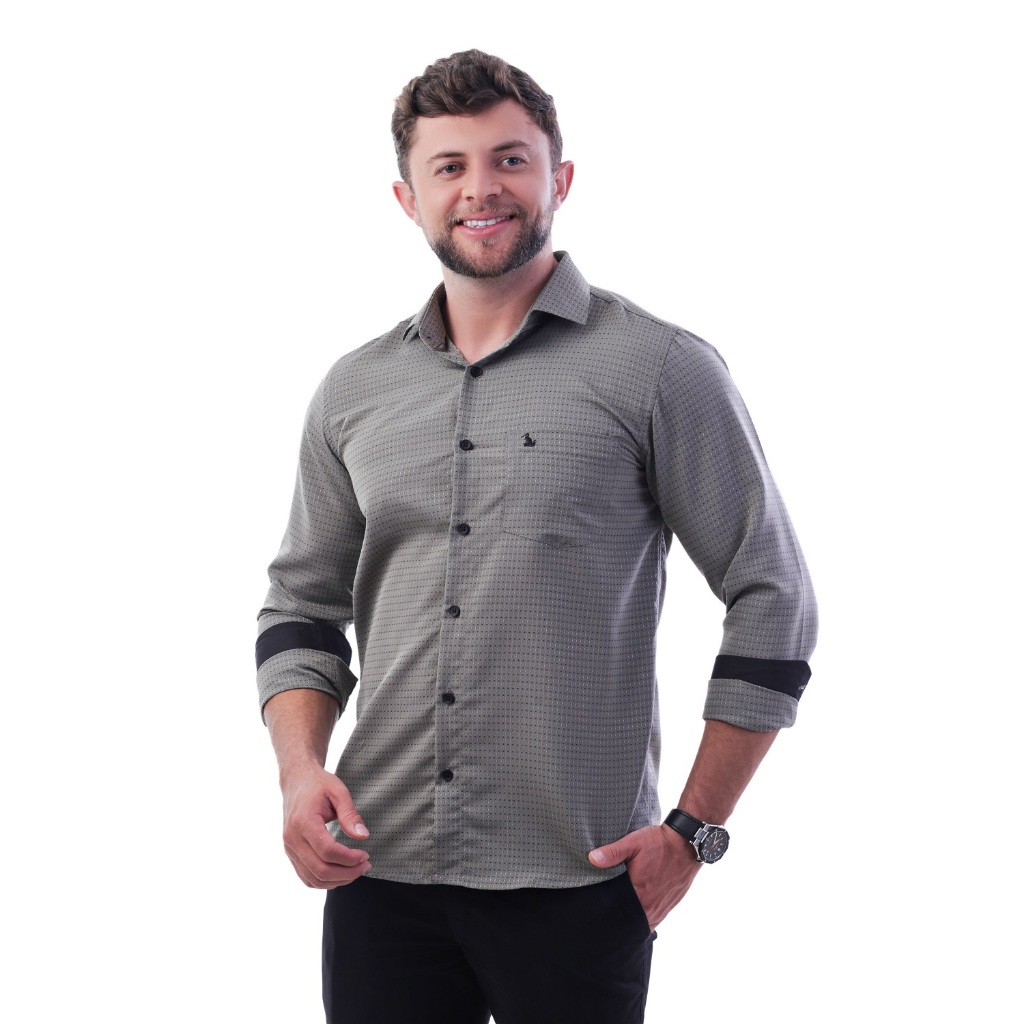 Camisa Masculina Social Estampada Comfort Manga Longa