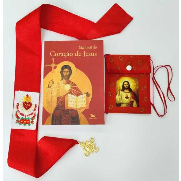 Combo Fita Apostolado da Oração Feminina Chamalote Vermelha + Manual + Bolsinha Porta Fita