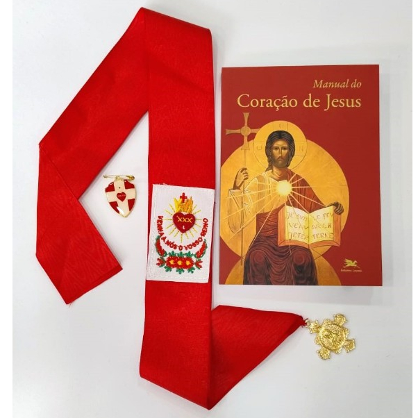 kit Fita Feminina Apostolado da Oraçã+Manual do Sagrado Coração de Jesus + Medalha Escudo SCJ