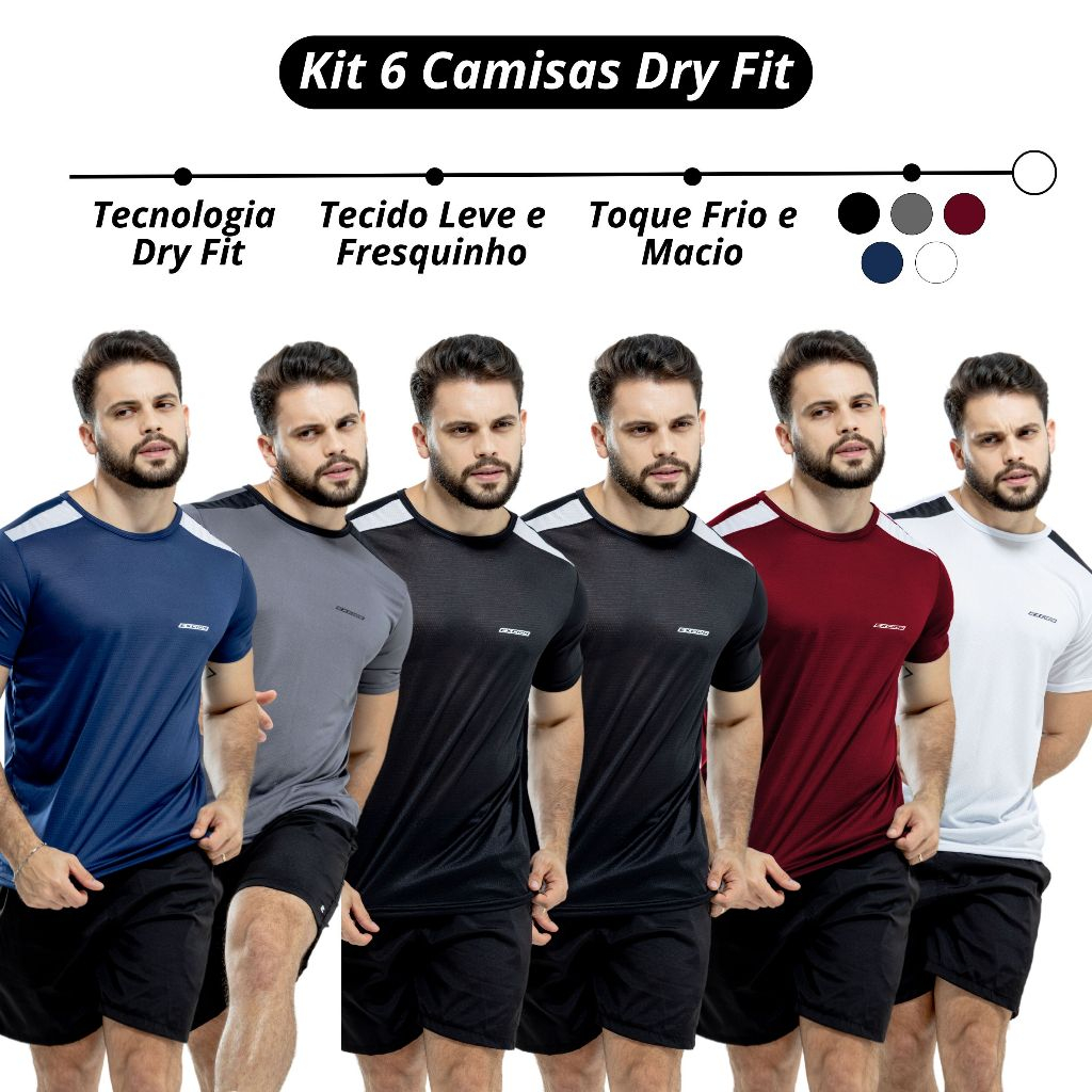 Kit 6 Camisas Fit Academia Masculina Tecido Leve Musculação e Treino