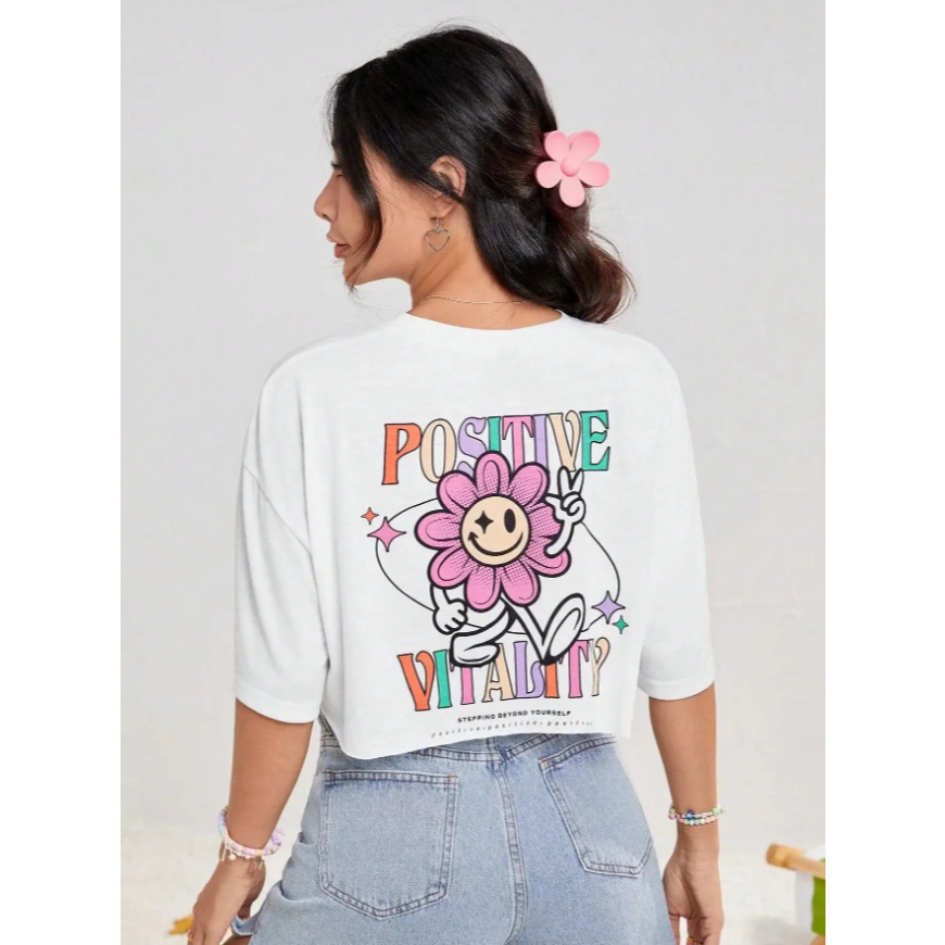 Cropped Oversized Slogan & Impressão floral Positive Vitality NOVO!!