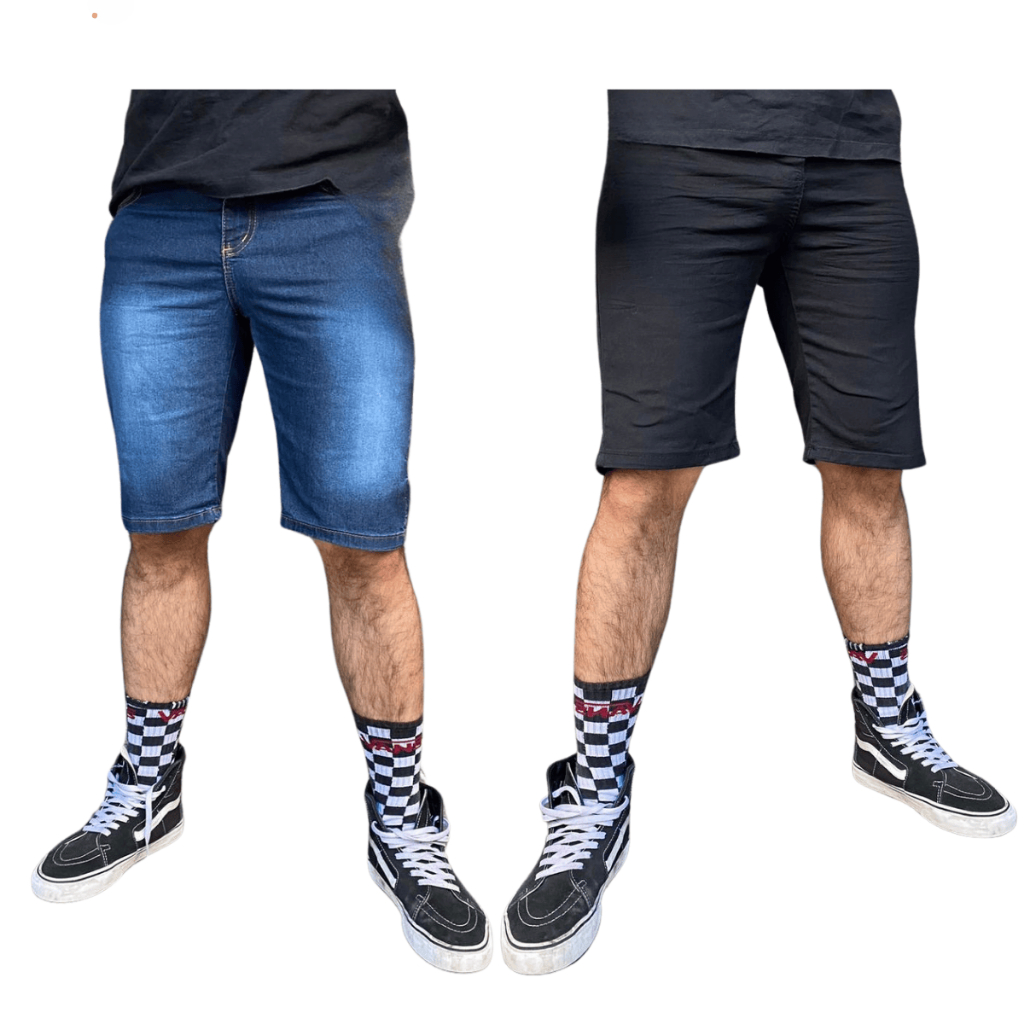 KIT 2 Bermudas Preta Lisa  Slim e Azul Médio Used Elastano Lycra - Diversos Modelos Em Jeans