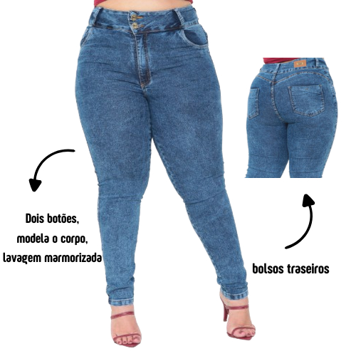 Calça Skinny Jeans Marmorizada Feminina Plus Size com dois botões, lycra Cintura alta