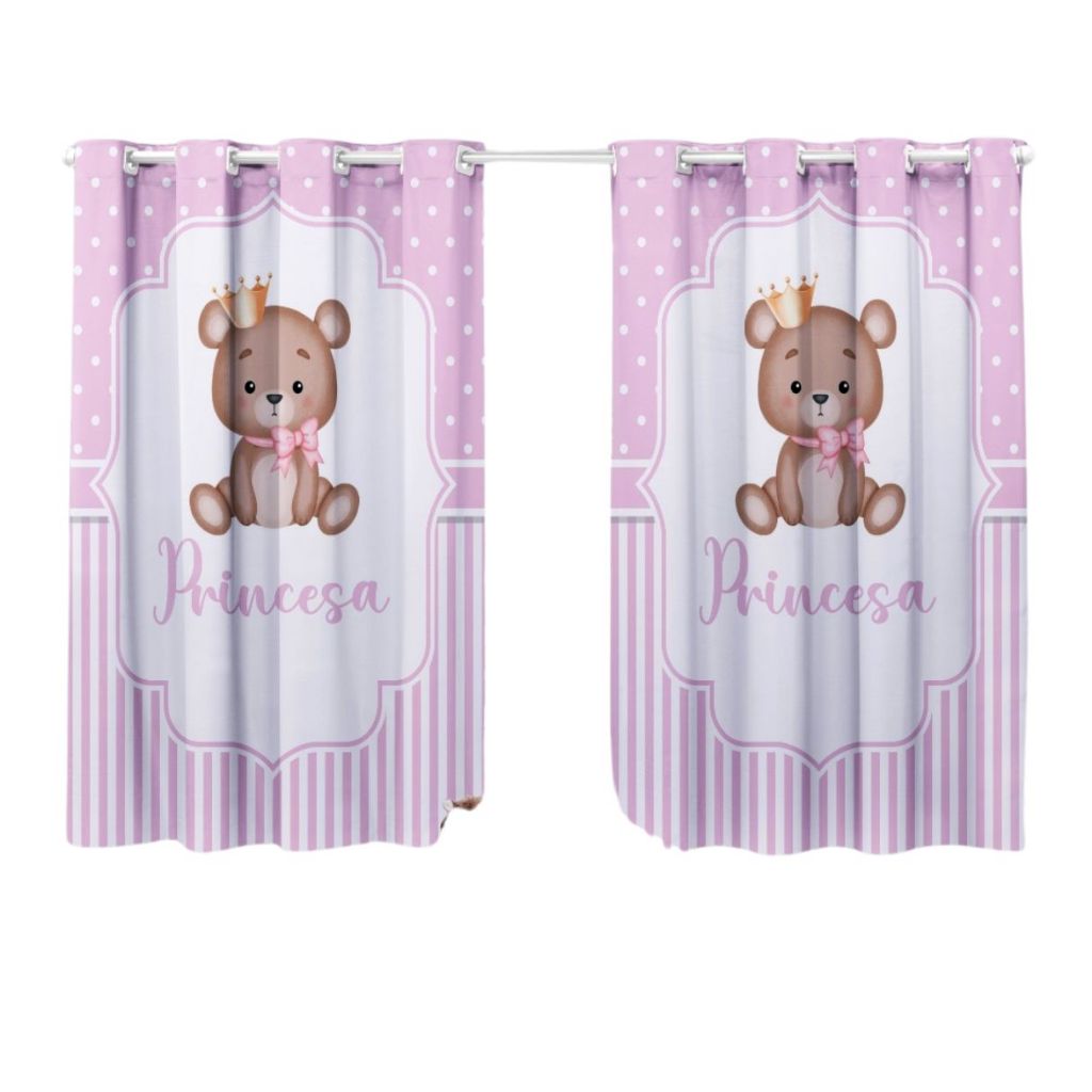 Cortina Quarto Infantil Criança Berço Americano Nacional Varao Simples Menina Ursa Princesa Rosa