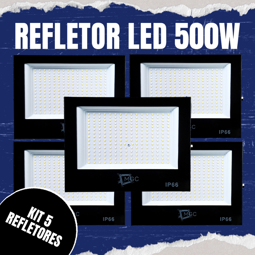 Kit 5 Luminária Refletor Led 500W Holofote Bivolt Prova D'água 6500k Branco-frio Iluminação Forte