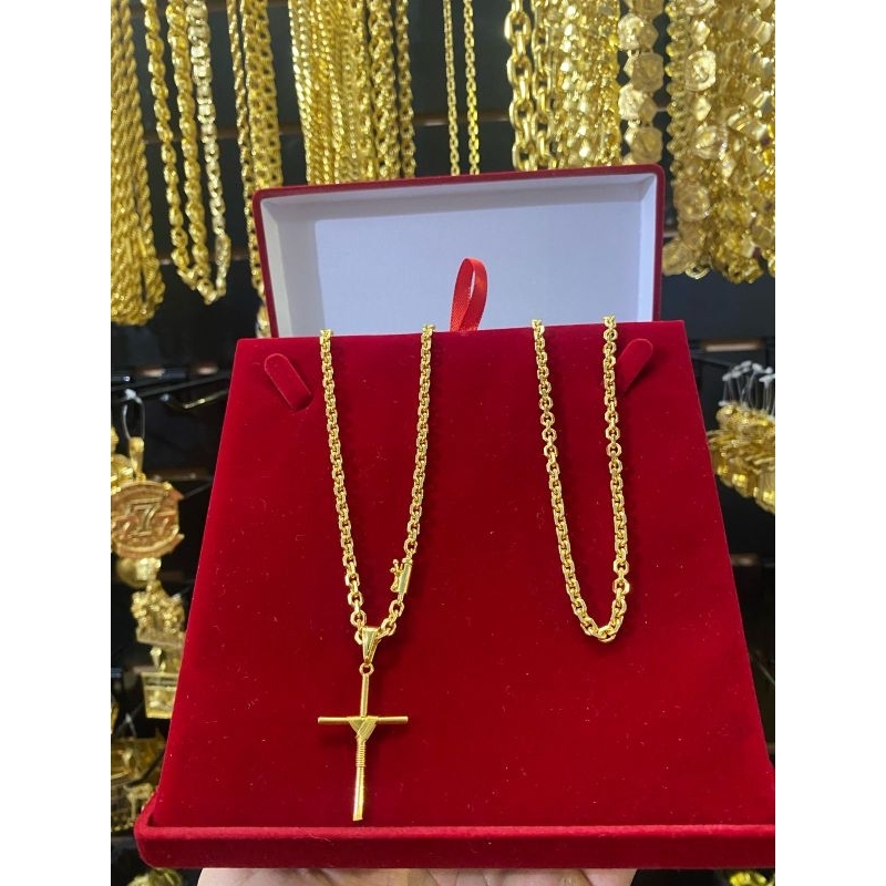 Cordão Cadeado 4mm 70cm Fecho Canhão Banhado a Ouro 18K + Pingente Cruz Palito em Oferta na Shopee
