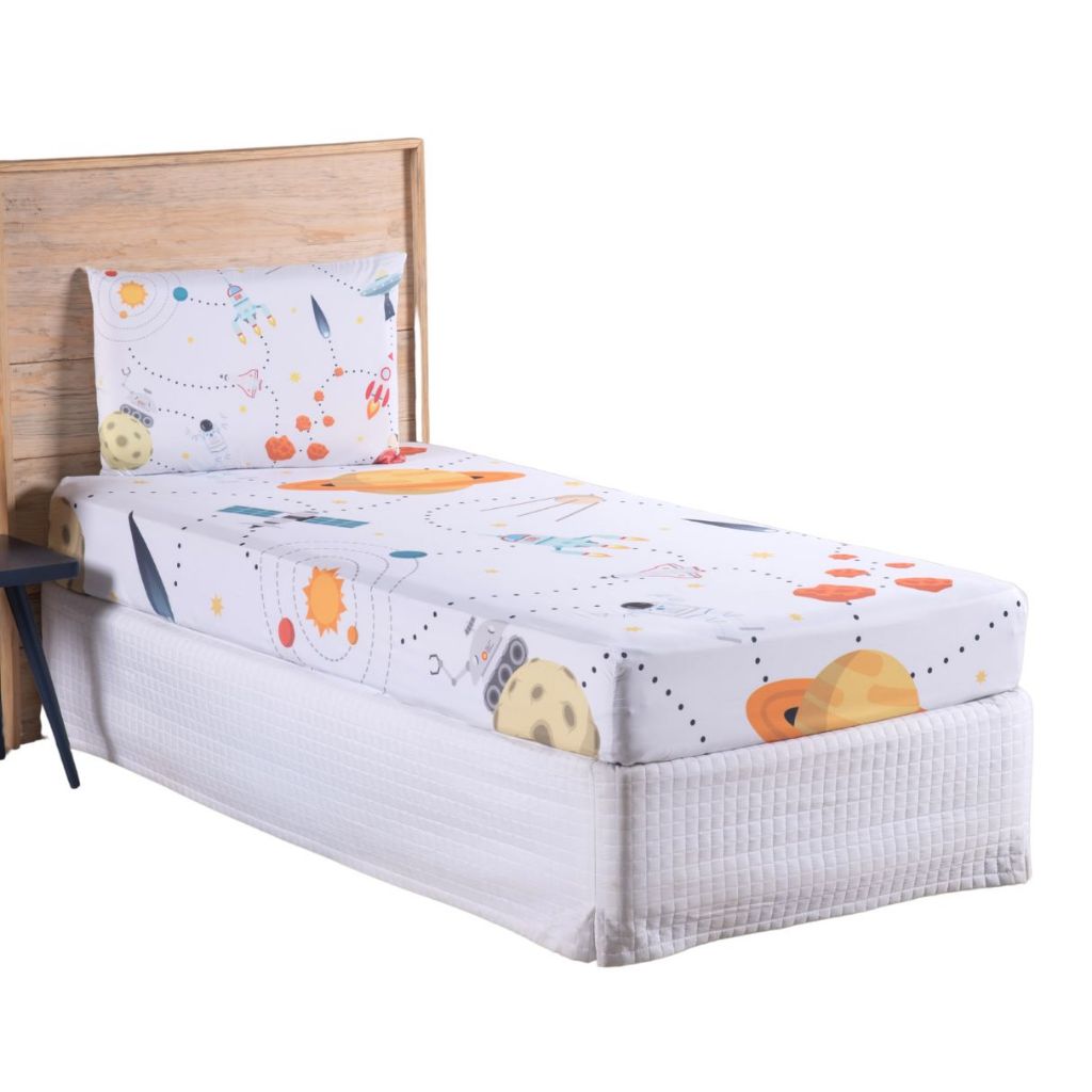 Jogo Lençol Solteiro Roupa Cama Elastico Solteiro 2 Pçs Fronha Quarto Criança Infantil Astronauta