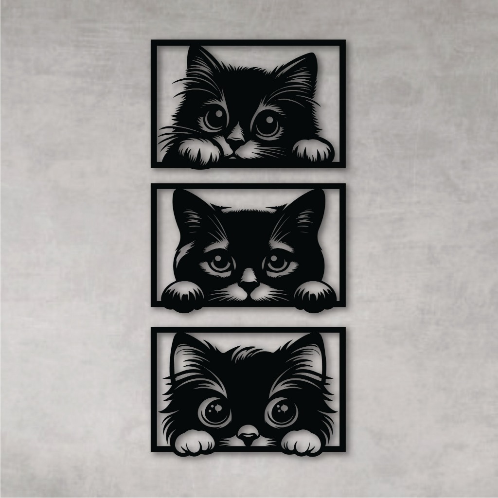 Kit Quadro Decorativo Vazado Conjunto Decoração Gatinhos MDF Preto