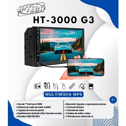 Central Multimídia 2 Din Universal H-tech Mp5 Espelhamento Android e Ios Usb Bluetooth 7 Cores