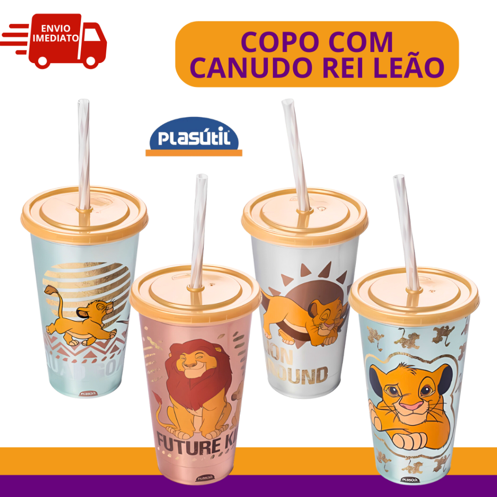 Copo Rei Leão Metalizado com Canudo Simba Mufasa Copo Refri Sortido 500ml Infantil Plasútil