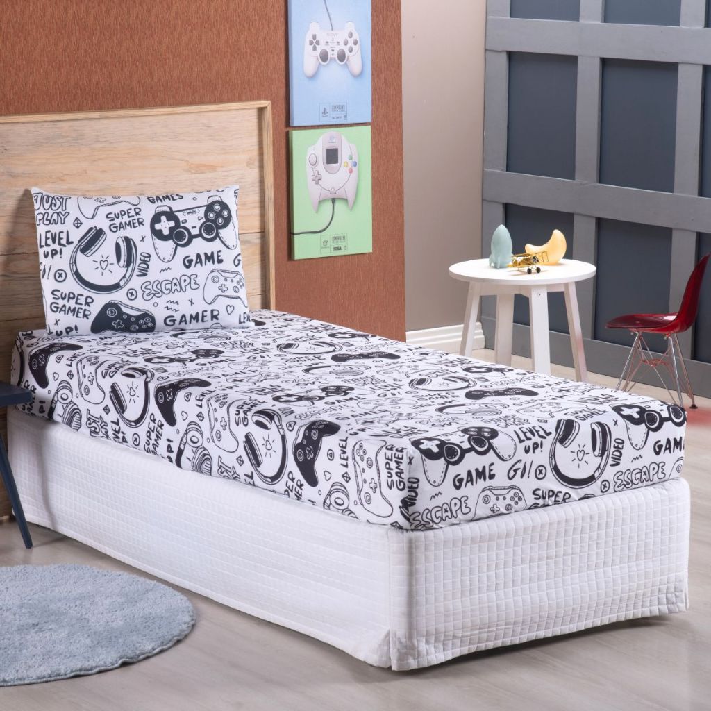 Jogo Lençol Roupa Cama Solteiro Elastico 2 Pçs Quarto Criança Fronha Menino Gamer Zone Branco Macio