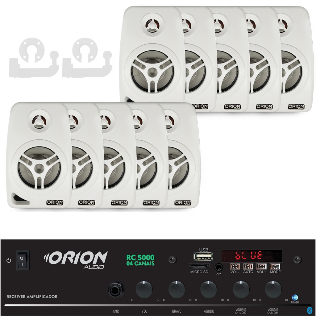 Kit Receiver Som 300w Bluetooth + 10 Caixas Parede Brancas