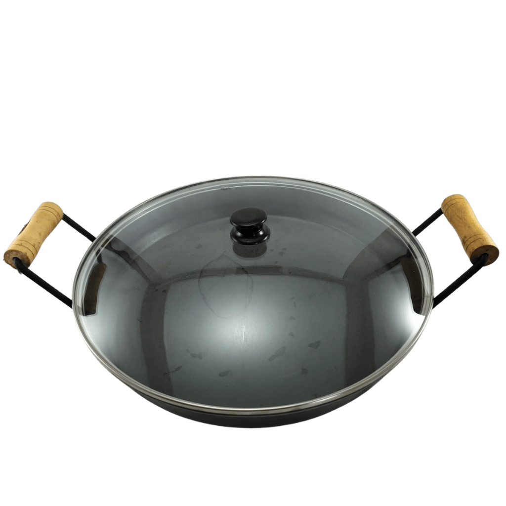 Chapa Disco Arado Bifeteira Tacho Panela Frigideira Aço Carbono Borda com Tampa de Vidro 32cm