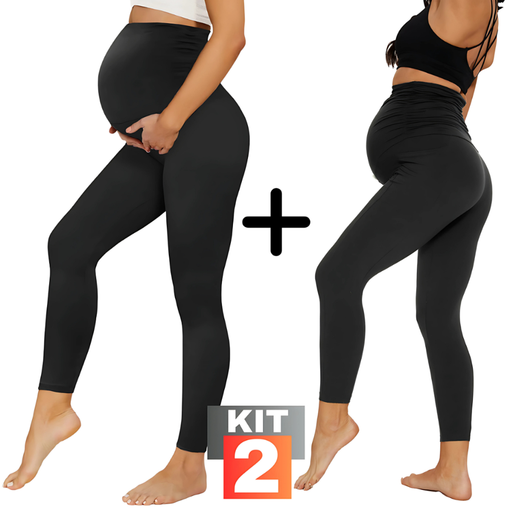 Kit 2 Legging gestante calça grávida maternidade suplex conforto barriga cós alto plus siz...