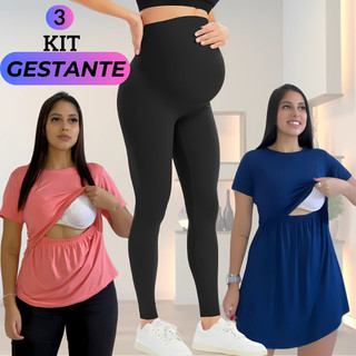 Kit 3 Legging Gestante + Vestido Amamentação + Blusa Gravida Pós Parto Maternidade Camiseta Camisola em Oferta na Shopee