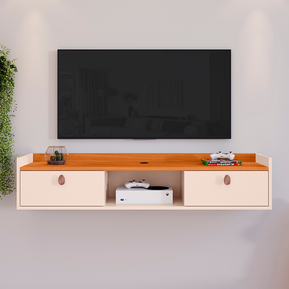 Rack Suspenso Sala Tv 1.20cm Home LIFE Decoração Sala Quarto nicho 2 Porta Cor Off White Painel TV