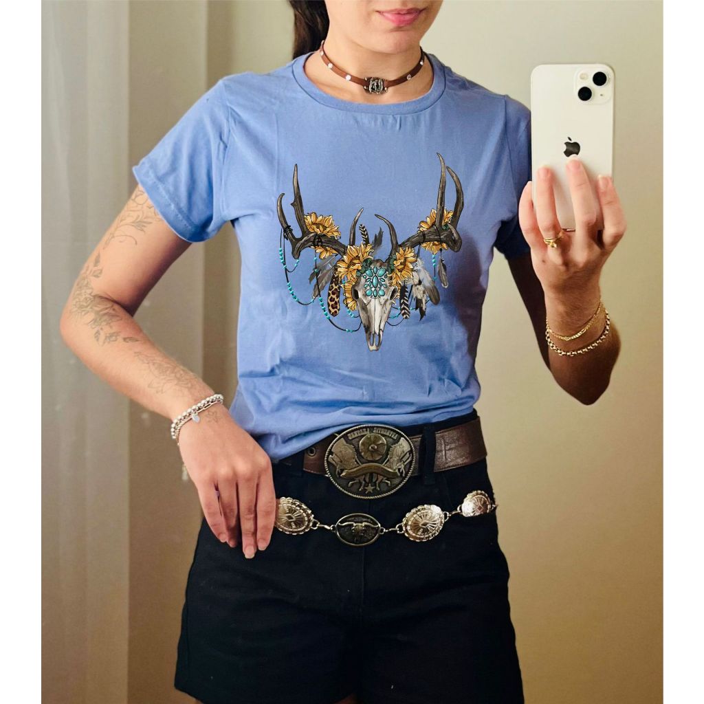 Camiseta Feminina Moda Country Estampada Boi Colorido Estiloso Baby Look Algodão