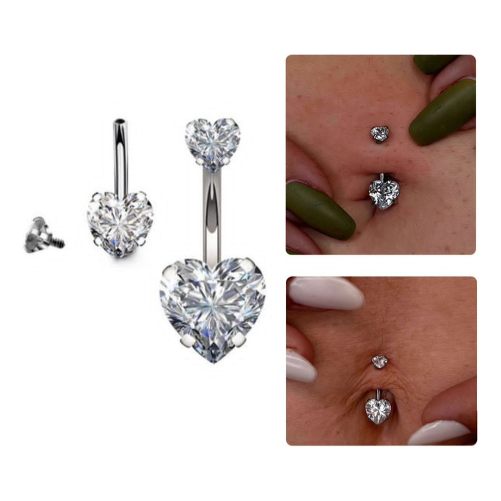 Piercing Titânio Umbigo Coração Pedra Branca Haste 10mm